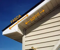 Close-up of a Markham house roof corner with labeled arrows identifying the fascia along the roof edge and the soffit beneath the overhang.