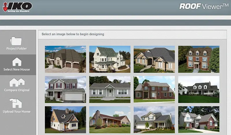 A computer interface displays a grid of twelve house images for roof design selection in Markham, with menu options on the left for managing projects and uploading home photos.