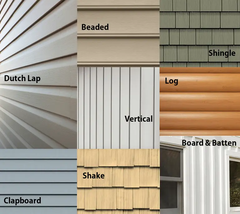 A grid showing various types of house siding in Markham: Dutch lap, beaded, shingle, vertical, log, clapboard, shake, and board & batten.