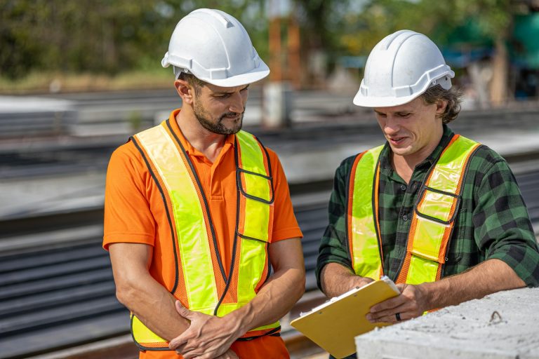 Two contractors going over a checklist on a construction site