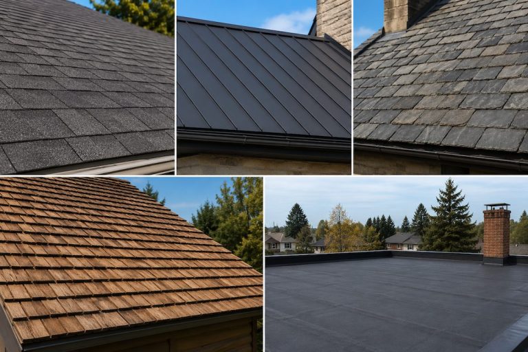 Asphalt shingles, metal roofing, slate roof, cedar shakes, flat roof