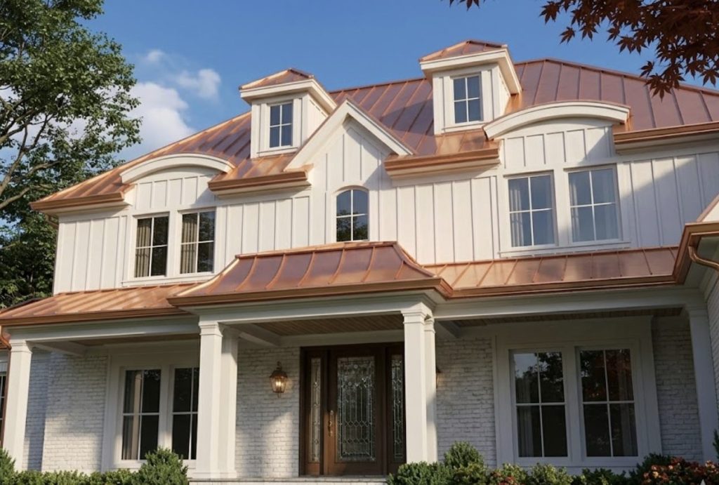 Conceptual home with a copper roof and white siding