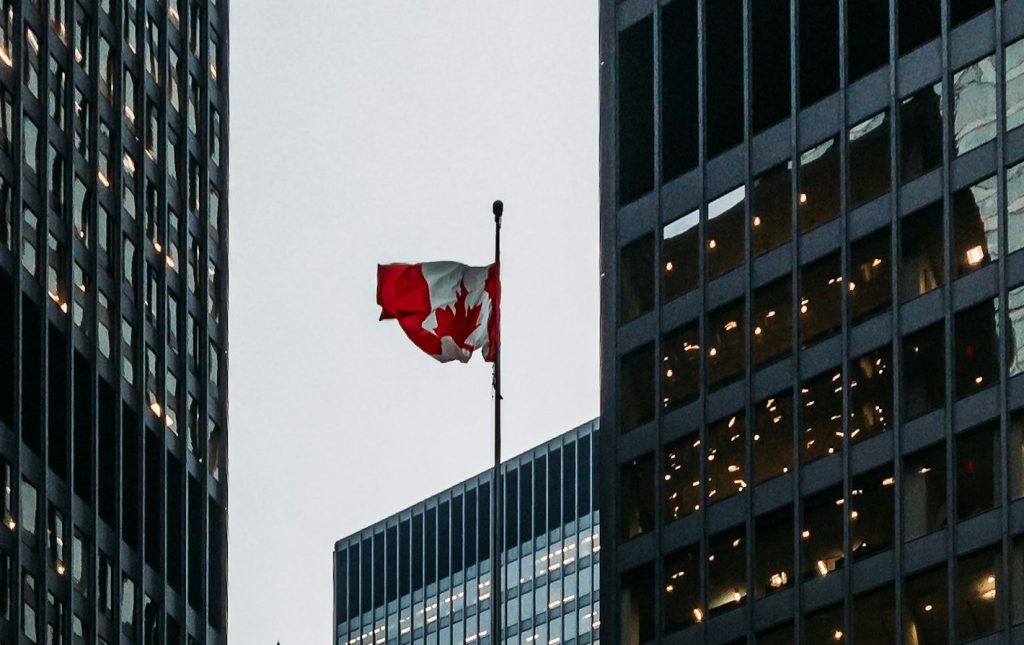 A Canadian flag in downtown Toronto