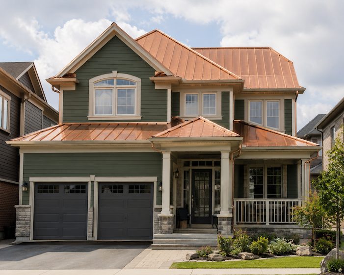 new copper roof on a home with forest green siding
