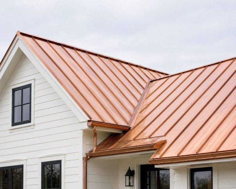 copper roof with white siding